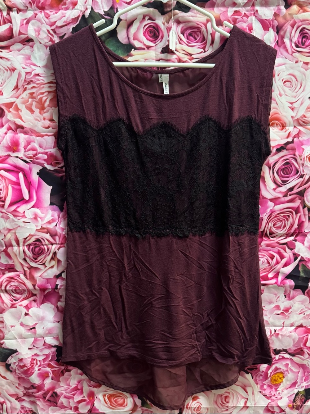 Studio Y Plum Sleeveless Tank with Black Lace Panel